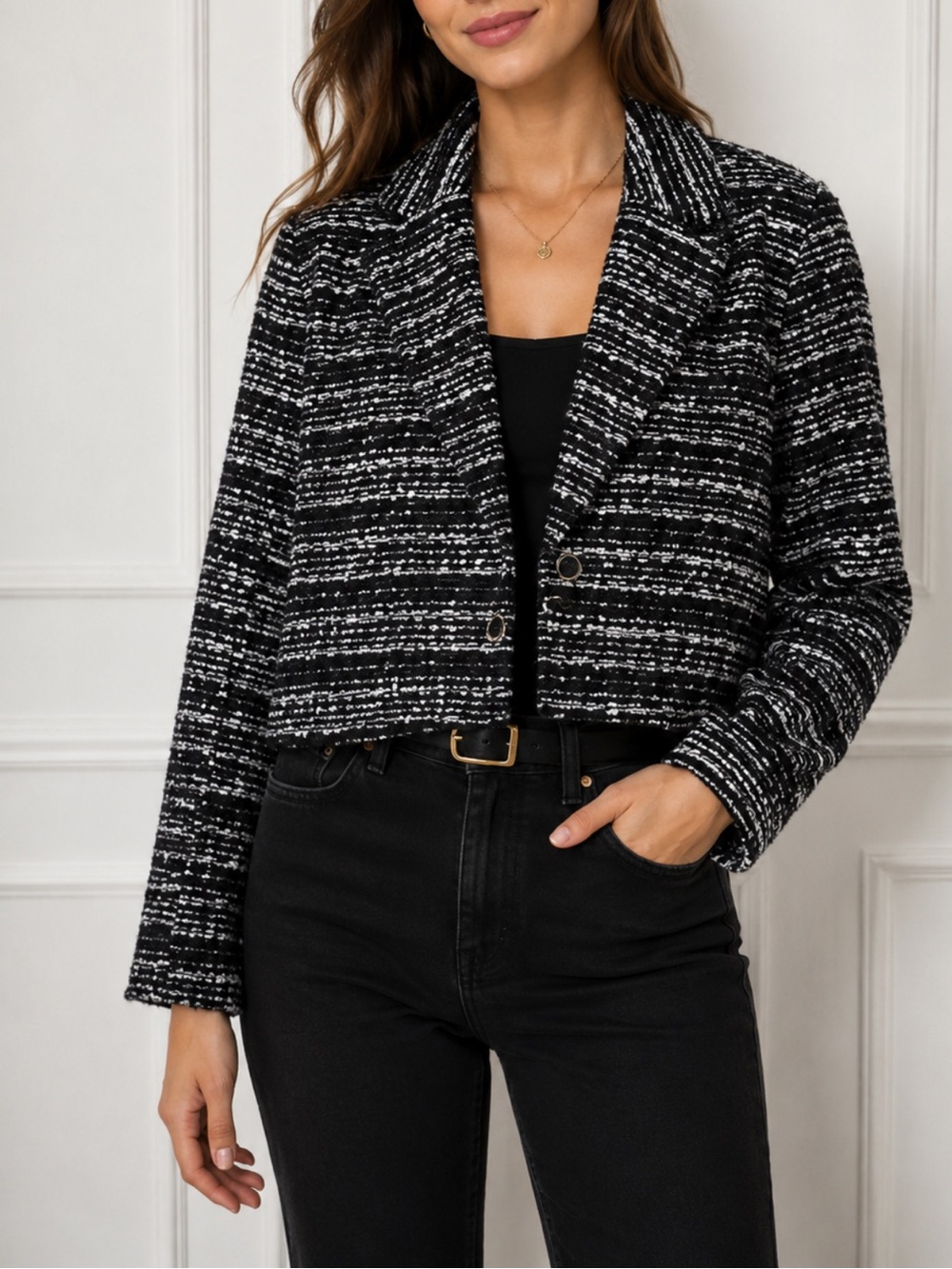 Bagatelle Collection Cropped Tweed Blazer Jacket Women’s L Black White